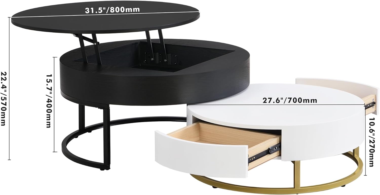 Modern Round Lift-top Nesting Coffee Tables with 2 Drawers for Living Room White & Black