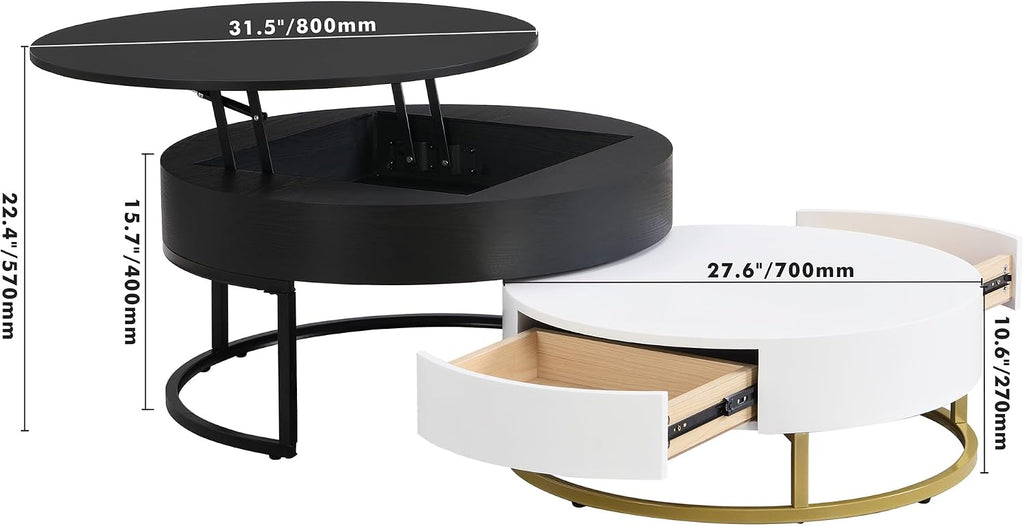 Modern Round Lift-top Nesting Coffee Tables with 2 Drawers for Living Room White & Black