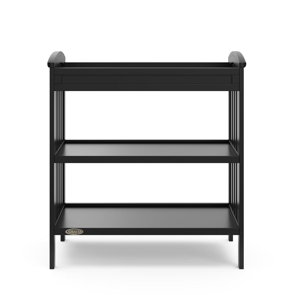 Graco Benton Changing Table with Bonus Water-Resistant Changing Pad (Black) - GREENGUARD Gold Certified, Includes Diaper Change Pad with Safety Strap, 2 Open Storage Shelves for Organizing