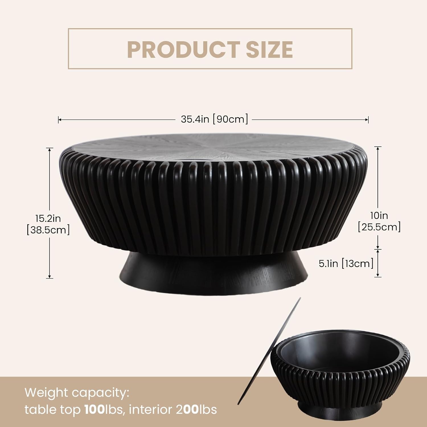 Round Coffee Table with Storage, 35.4' Modern Wooden Drum Coffee Table with Cover, Fluted Circle Center Table, Solid Wood Veneered, Accent Tea Table for Living Room Apartment Small Space (35.4' Black)
