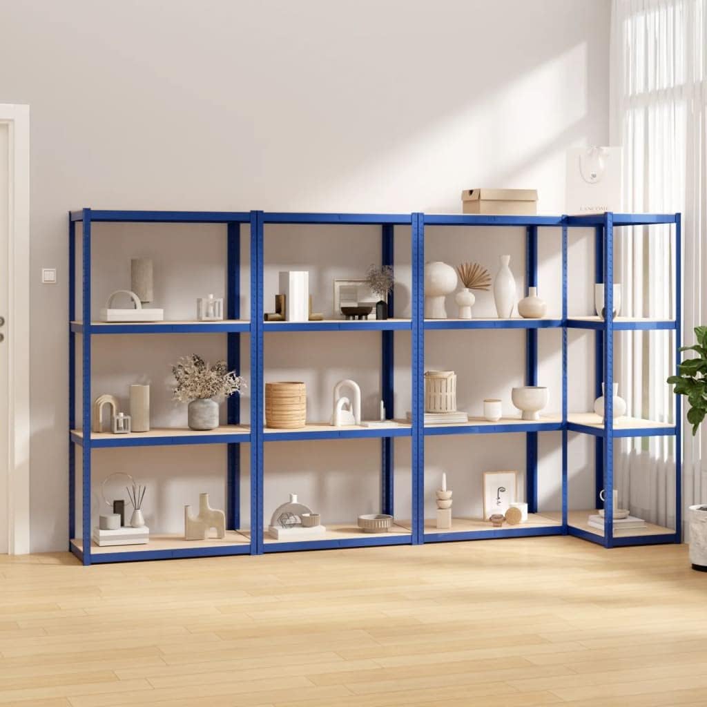 5-Layer Corner Shelf Industrial Racks Organizer for Living Room Garage Storage Racks Suitable for bedrooms, Living Rooms and Offices Silver Steel&Engineered Wood (Blue 4 Pcs)