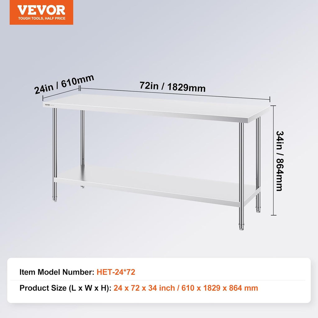 VEVOR Stainless Steel Prep Table, 24 x 72 x 34 Inch, 880 lbs Load Capacity, Heavy Duty Metal Worktable with 3 Adjustable Height Levels, Commercial Workstation for Kitchen Garage Restaurant Backyard