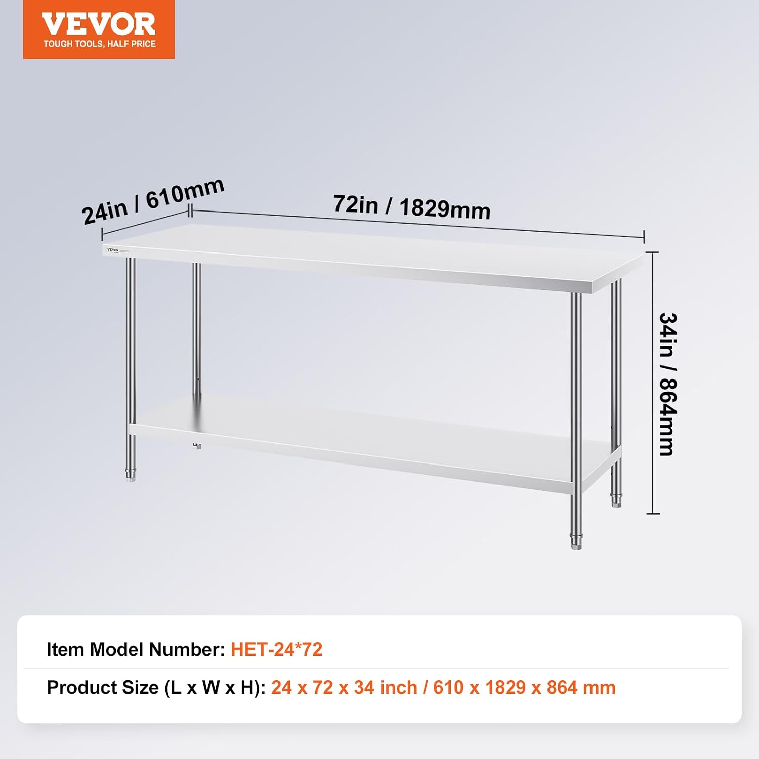 VEVOR Stainless Steel Prep Table, 24 x 72 x 34 Inch, 880 lbs Load Capacity, Heavy Duty Metal Worktable with 3 Adjustable Height Levels, Commercial Workstation for Kitchen Garage Restaurant Backyard
