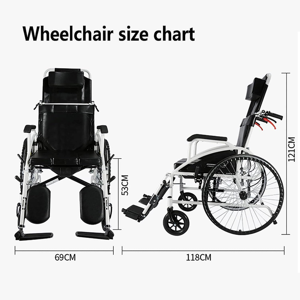 Full Lying Wheelchair Foldable Manual Wheelchair Commode W/Removable High Back & Dining Table Steel Reclining Transport Wheelchair W/Elevating Leg Rest for Elderly Driving Trolley
