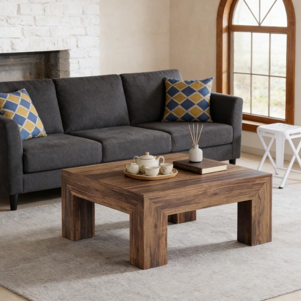 SSLine Wooden Coffee Table 39.4-Inch Square Coffee Table for Living Room,Farmhouse MDF Wood Cocktail Center Tables with Thicken Top and Sturdy Legs,Rustic Walnut