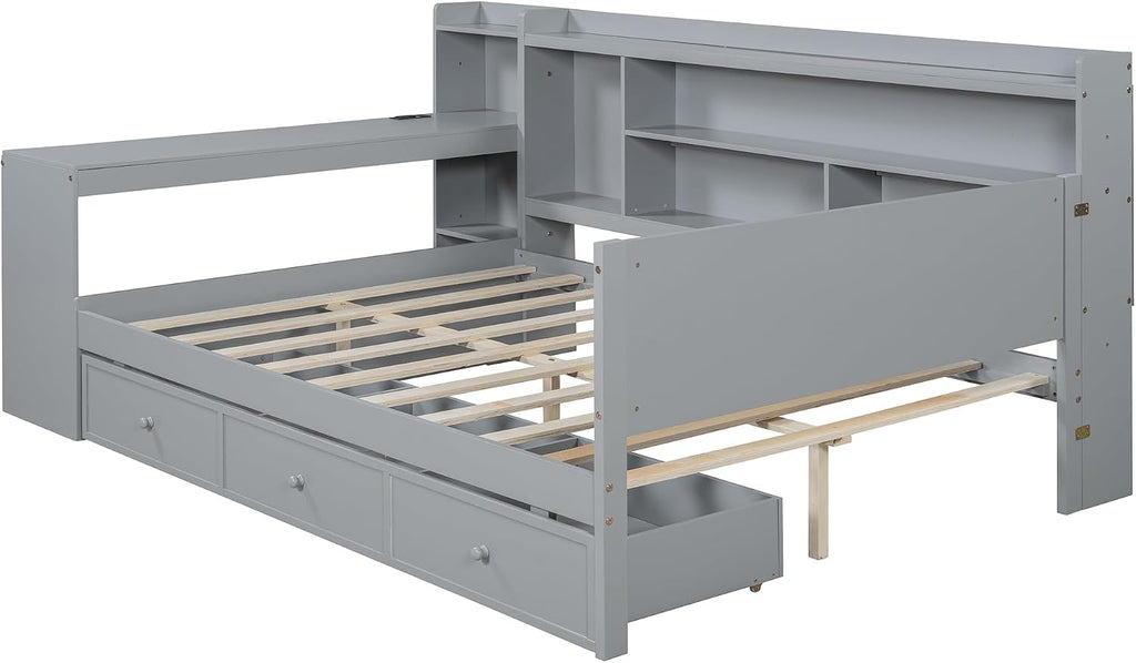 Harper & Bright Designs Full Size Daybed Frame with Desk and 3 Storage Drawers & USB Port Shelves Headboard, Pinewood Corner Bed, Full Captain Bed for Small Room, Bedroom, Guest Room,Gray