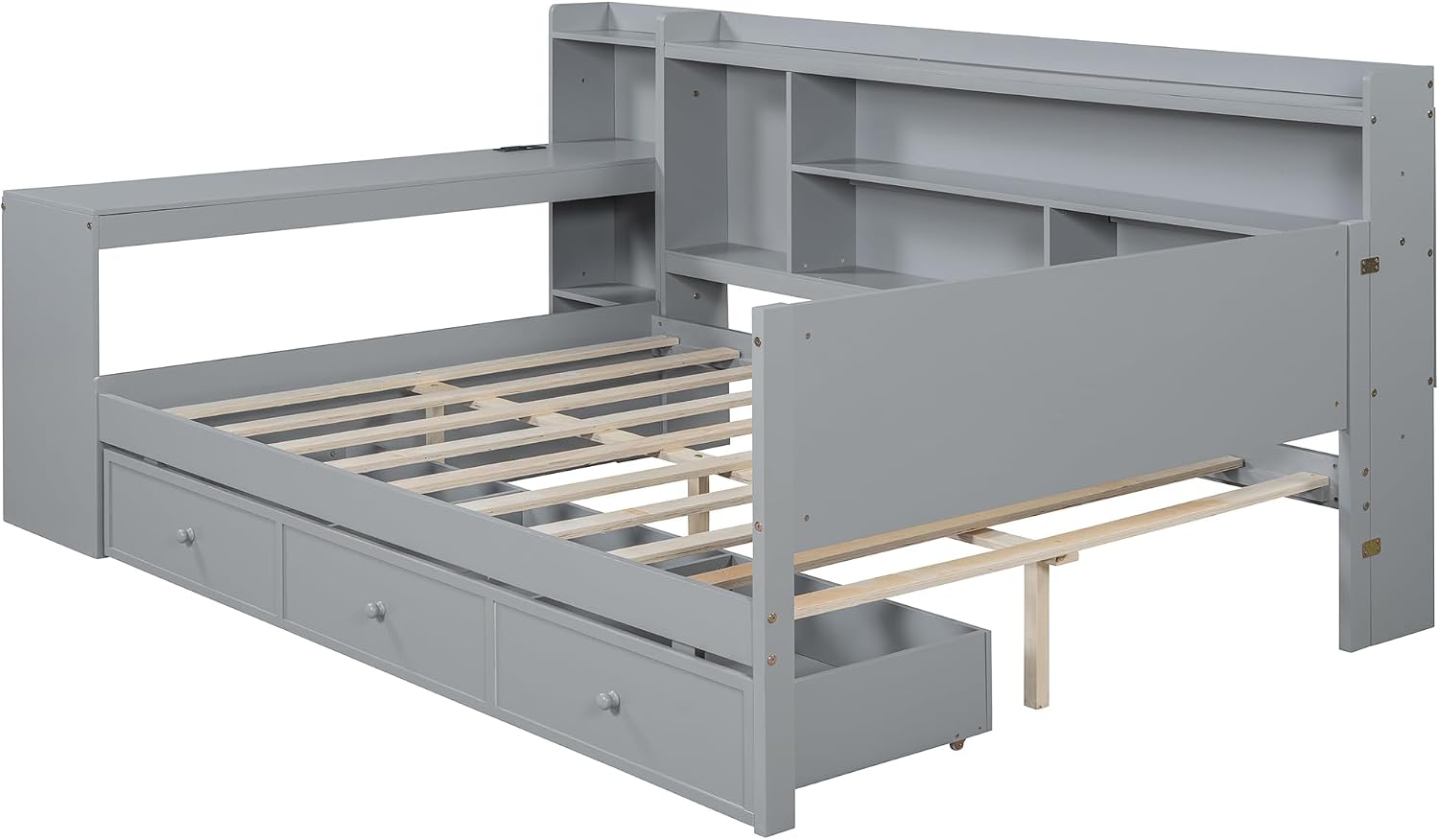 Harper & Bright Designs Full Size Daybed Frame with Desk and 3 Storage Drawers & USB Port Shelves Headboard, Pinewood Corner Bed, Full Captain Bed for Small Room, Bedroom, Guest Room,Gray