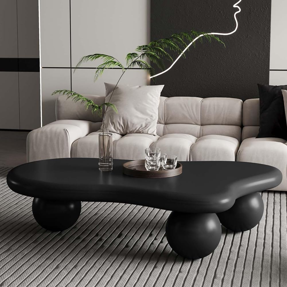 47' Cloud Coffee Table for Living Room Irregular Coffee Table Modern Low Coffee Tables Abstract Faux Stone Cute Center Table with 3 Ball Legs for Small Space Apartment Black