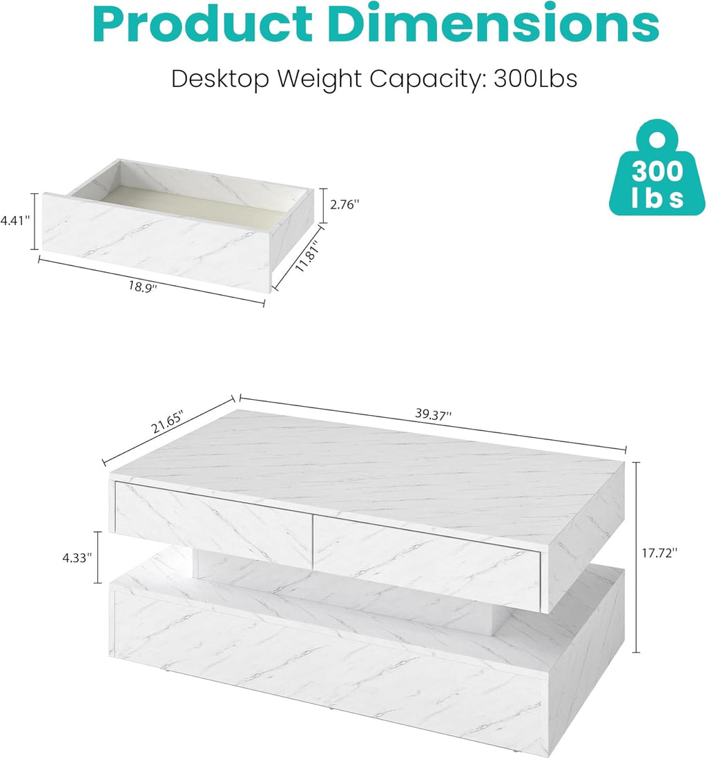 Coffee Table for Living Room, Modern Coffee Table with 2 Storage Drawers, 2 Tier Center Table Wood Coffee Tables with 20 Colors LED Lights, Mesa de Centro para Sala (White)