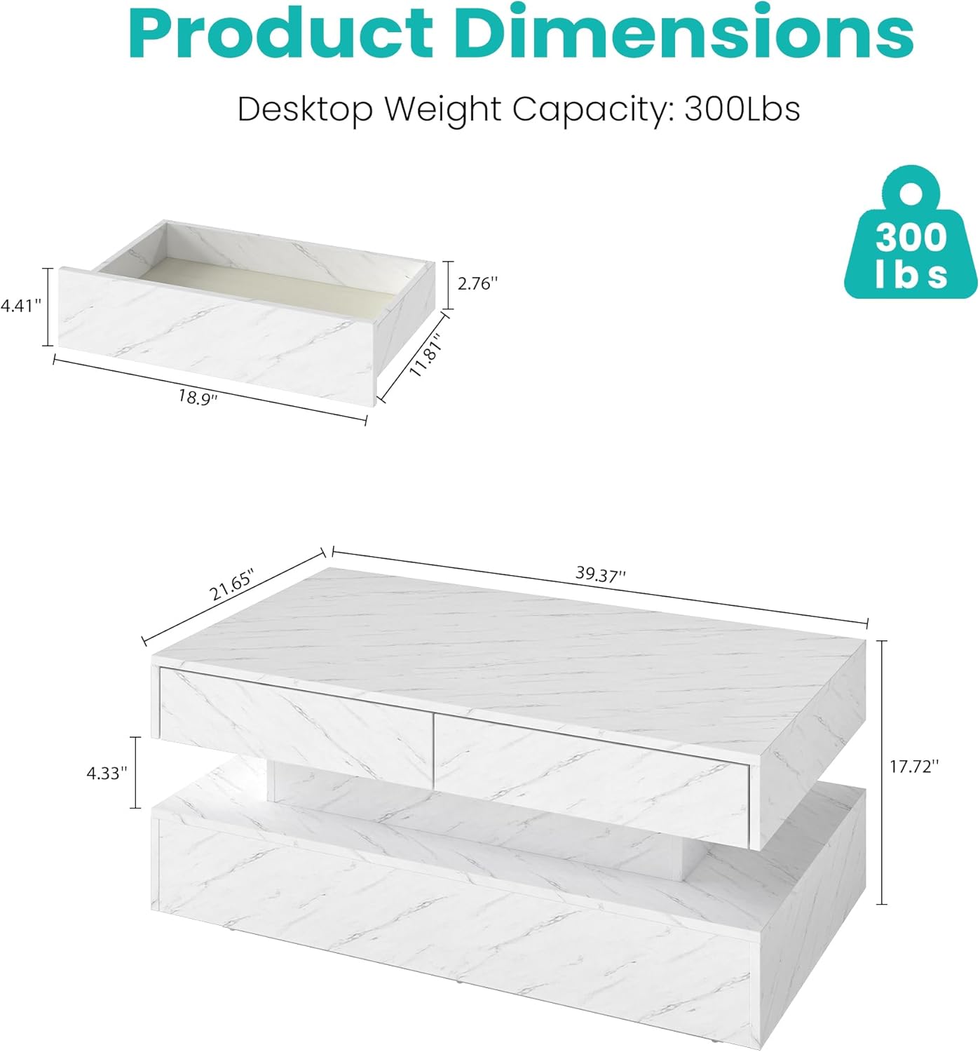Coffee Table for Living Room, Modern Coffee Table with 2 Storage Drawers, 2 Tier Center Table Wood Coffee Tables with 20 Colors LED Lights, Mesa de Centro para Sala (White)