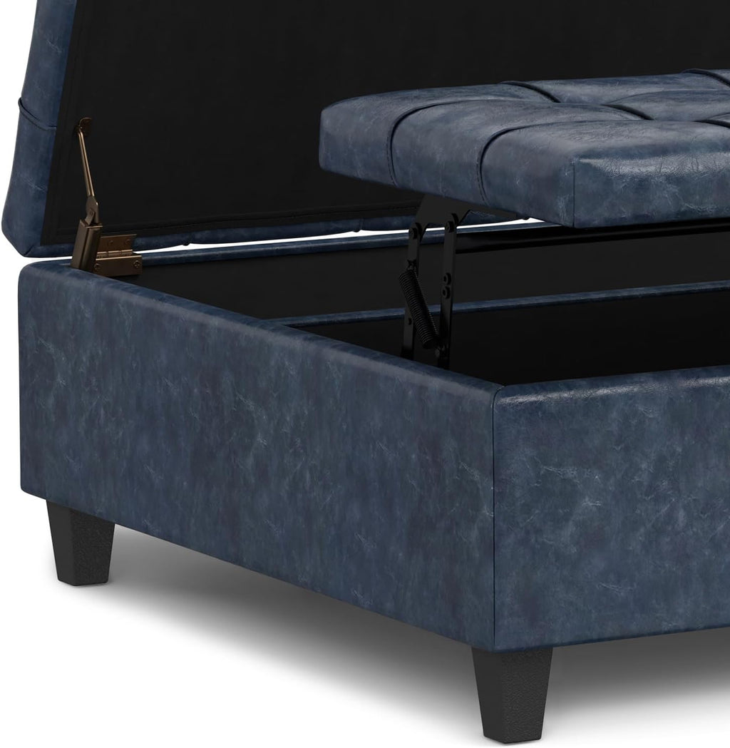 SIMPLIHOME Harrison Large Coffee Table Storage Ottoman - 40 inch Wide Upholstered Vegan Leather Square Lift-Top Ottoman in Denim Blue, Transitional Bench for Living Room with Sturdy Base