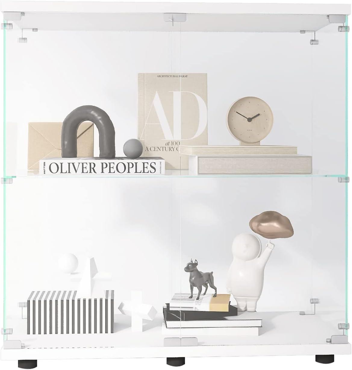 33.35' Two-Door Glass Display Cabinet 2 Shelves with Door,Floor Standing Curio Bookshelf w/Locks,Transparent Full Viewing Angle Cabinets for Living Room,Bedroom,Showroom,Office,White