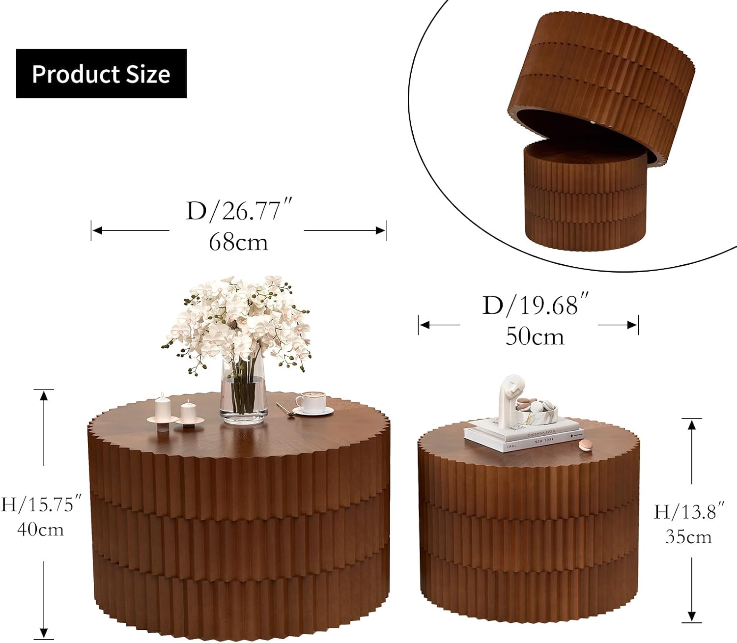 Round Wood Coffee Table Set of 2 Modern Circle Nesting Coffee Table Handcrafted Drum Nesting Table Nesting Coffee Tables for Living Room for Small Space (Walnut (D26.77+D19.68 inch))