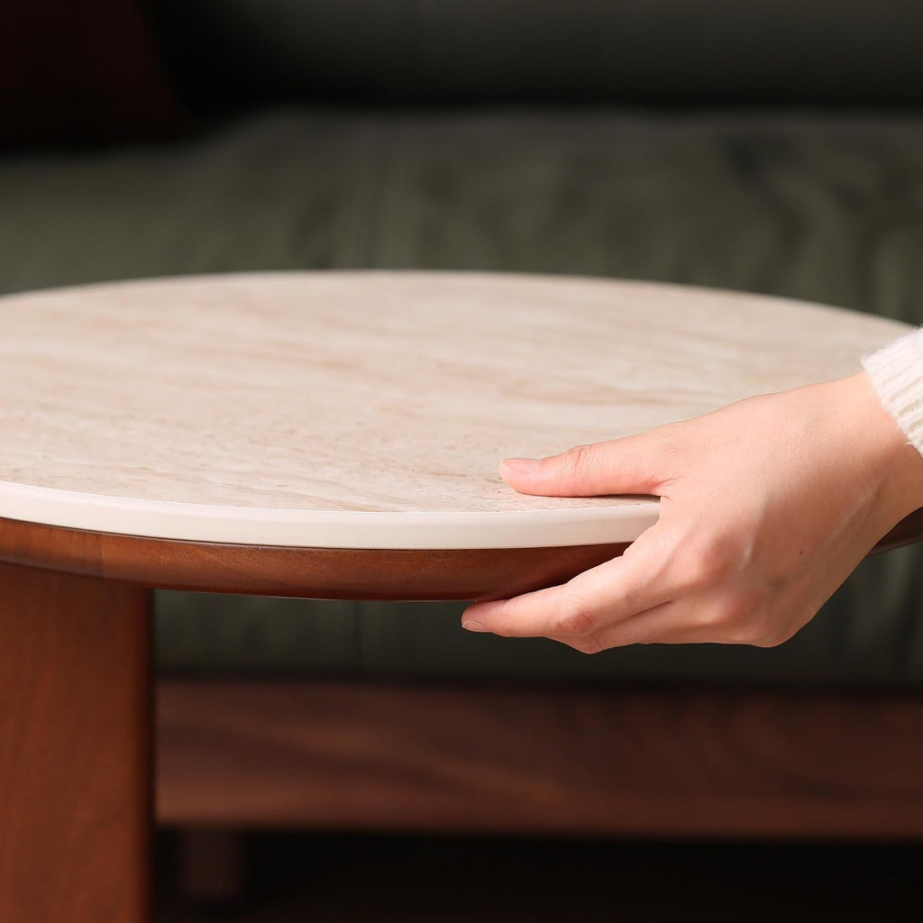 31.5' Modern Faux Mars Coffee Table, Round Sintered Stone Coffee Table with Walnut Solid Wood Leg, Faux Marble Drum Circle Center Table,Cocktail Tea Side End Tables for Living Room Apartment Home