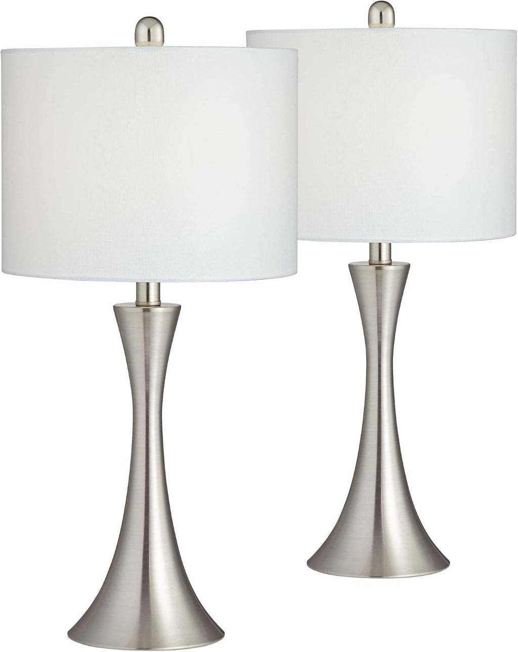 360 Lighting Gerson Modern Table Lamps 24' Tall Set of 2 with Dimmers Brushed Nickel Silver Metal LED White Drum Shade for Bedroom Living Room House Home Bedside Nightstand Office Family