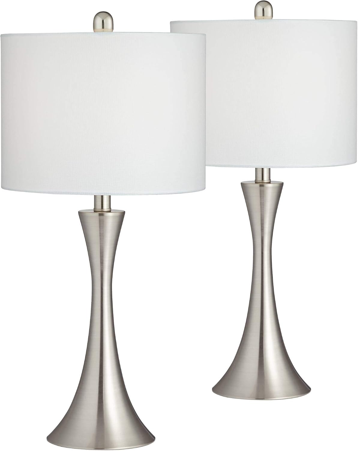360 Lighting Gerson Modern Table Lamps 24' Tall Set of 2 with Dimmers Brushed Nickel Silver Metal LED White Drum Shade for Bedroom Living Room House Home Bedside Nightstand Office Family