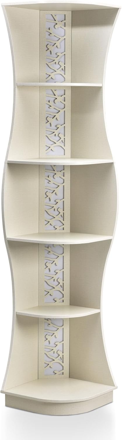 Homes: Inside + Out Connelly Modern 5 Shelf LED Bookcase, Unique Thin Wood Bookshelf with Storage and Remote, Office Shelving,Tall Book Shelf for Bedroom, Living Room and Small Spaces, Cream Weave