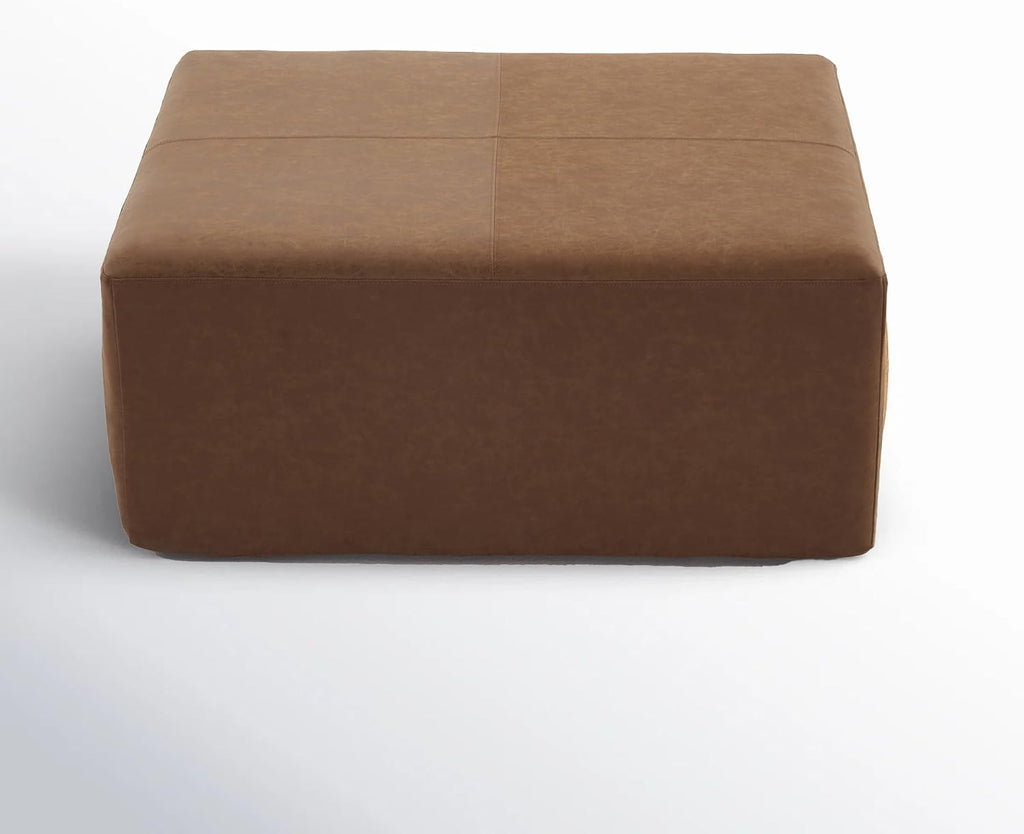 35' Wide Oversized Square Ottoman Coffee Table, Faux Leather Couch Ottoman Large Footstool for Living Room (Brown, Square)