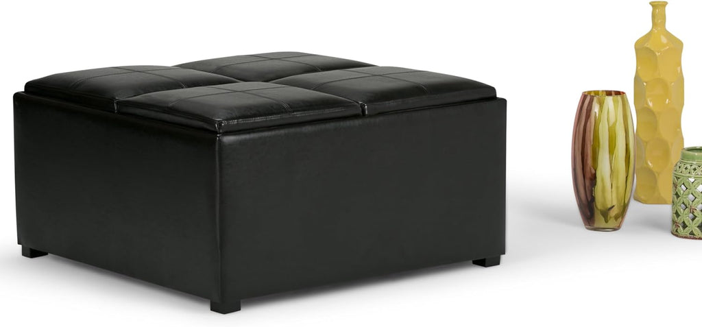 SIMPLIHOME Avalon Wide Contemporary Square Coffee Table Storage Ottoman, Midnight Black, Table Ottoman