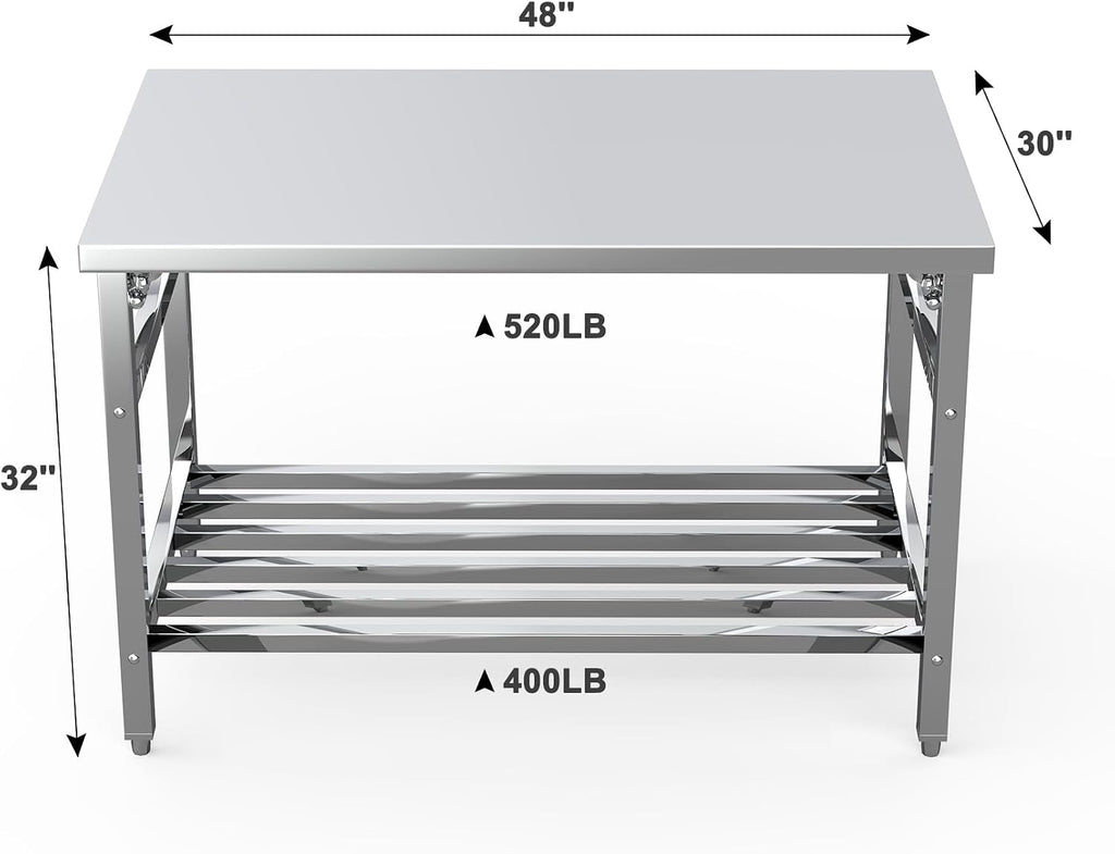 Garvee 48x30 in NSF Stainless Steel Folding Table – Heavy-Duty Commercial Prep Table for Kitchen, Restaurant & Home, 500 LBS Capacity with Adjustable Undershelf, Easy to Assemble