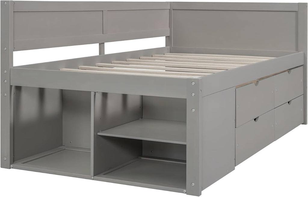 Twin Size Gray Daybed with Storage Drawers and Shelves,Wooden L-Shaped Corner Day Bed with Headboard & Bookcase for Boys,Girls,Small Room, Guest Room, kids'Room