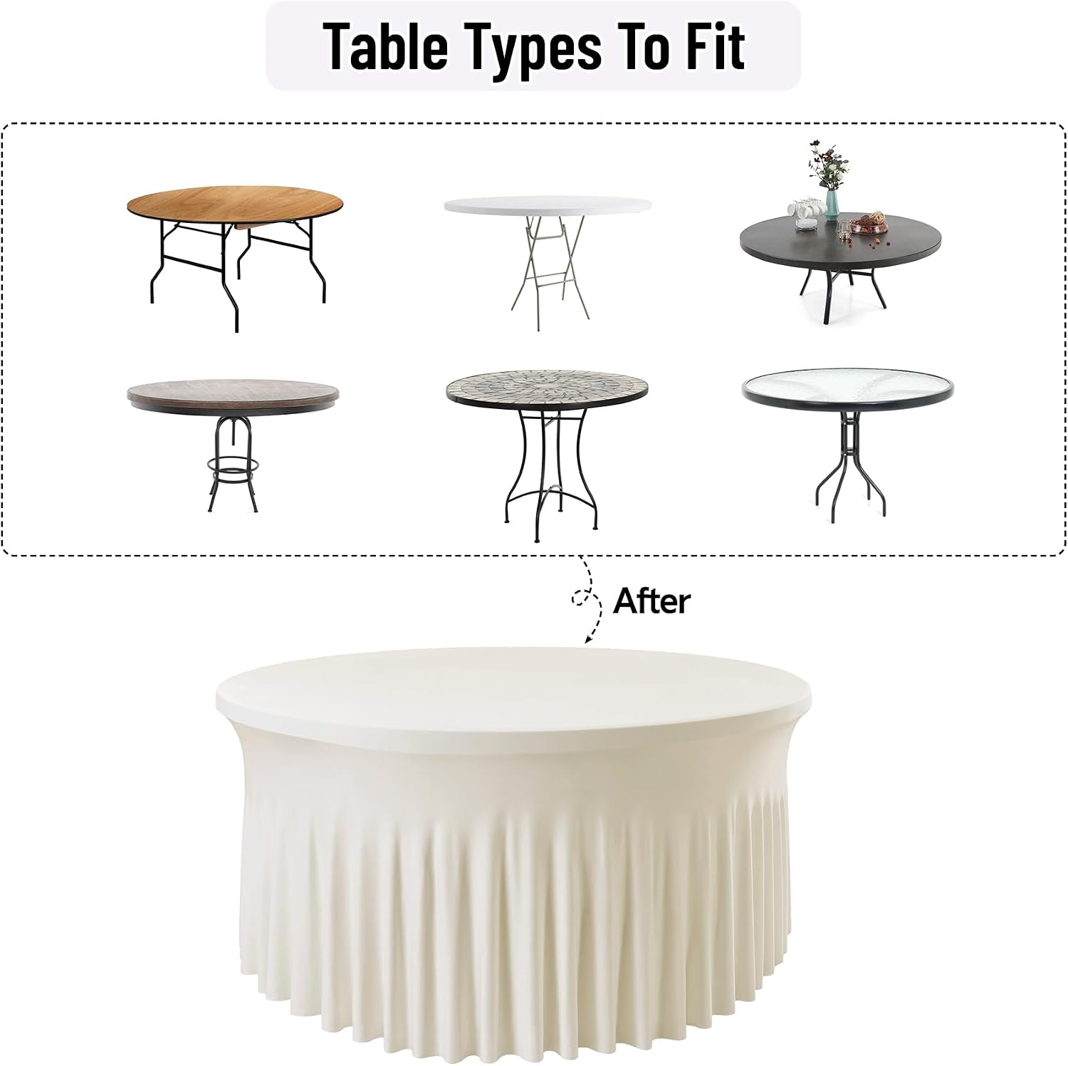 leegleri 6 Pack 60Inch Ivory Spandex Round Tablecloths, Stretchy 120inch Fitted 5FT Round Table Cloths, Wrinkle Free Table Cover with Skirt for Wedding Party Dining Banquet