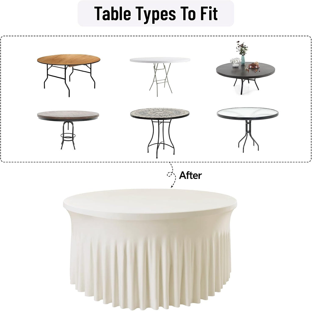 leegleri 10 Pack 60Inch Ivory Spandex Round Tablecloths, Stretchy 120inch Fitted 5FT Round Table Cloths, Wrinkle Free Table Cover with Skirt for Wedding Party Dining Banquet