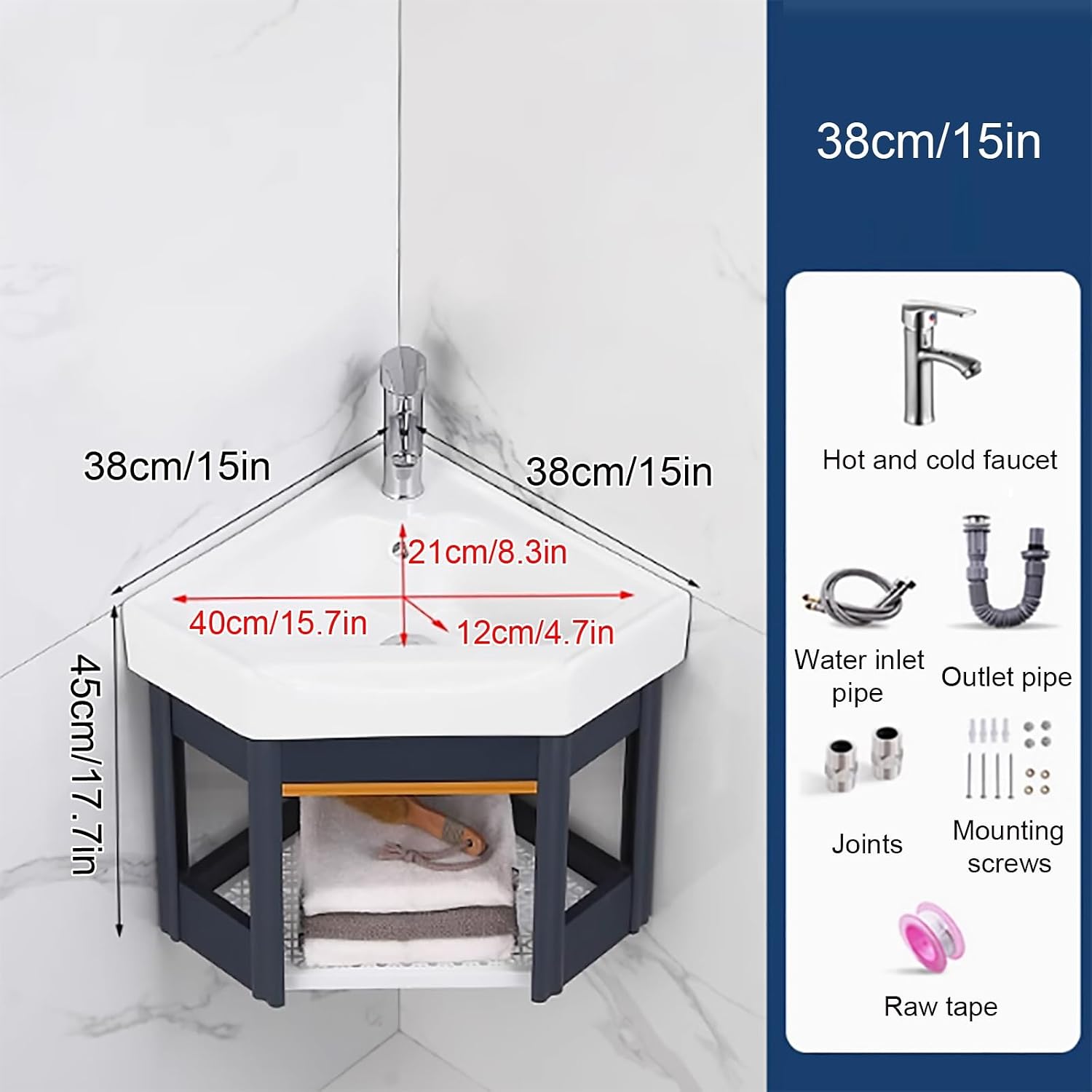 Small Wall Mount Corner Sink with Storage Shelf, Ceramic Bathroom Basin Sink with Bracket and Drain Kit, for Home Kitchen Patio Laundry Room(38x38x45cm)