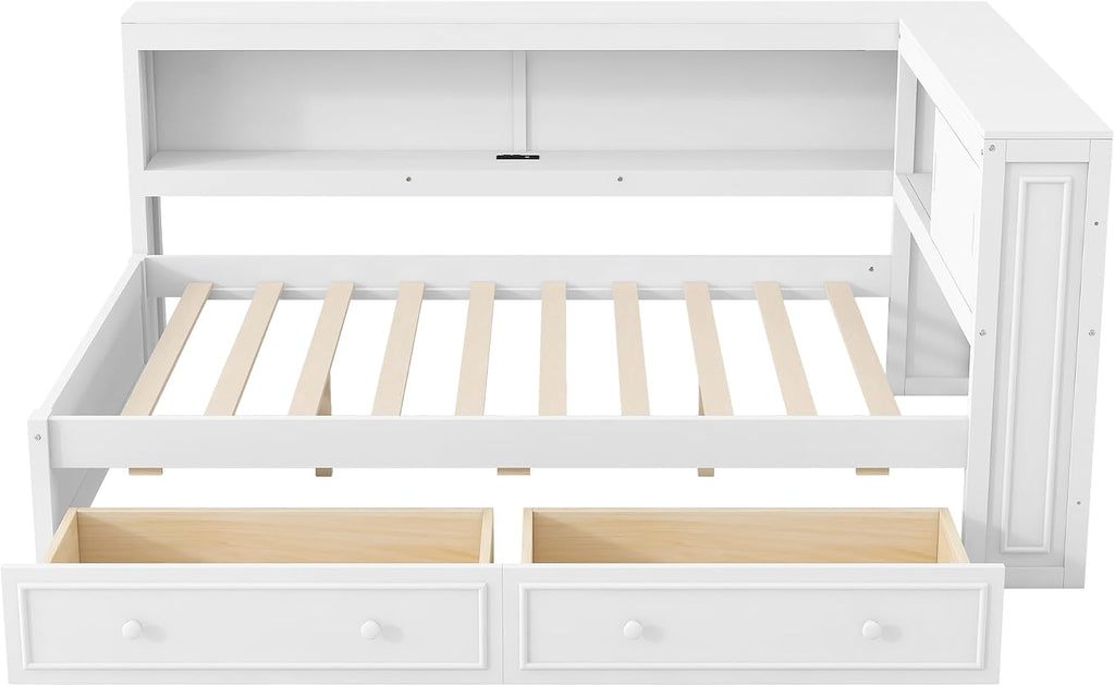 RuiSiSi Full Corner Bed Frame with Bookshelf and Drawers, Wood Daybed Full Size with Charging Station and Led, White