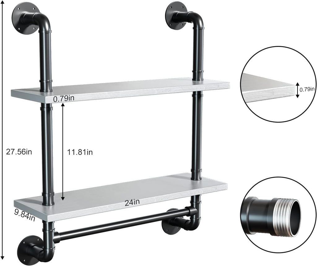 24in Industrial Pipe Shelving Bathroom 2 Tier Shelves with Towel Bar Retro White Rustic Farmhouse Pipe Industrial Wall Shelves Over Toilet for Storage