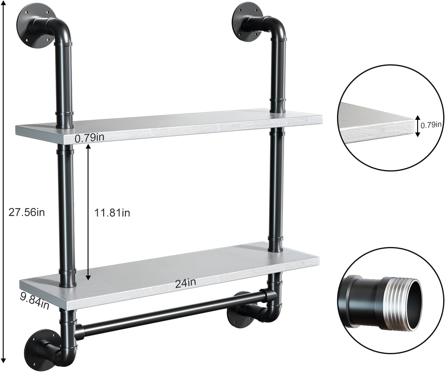 24in Industrial Pipe Shelving Bathroom 2 Tier Shelves with Towel Bar Retro White Rustic Farmhouse Pipe Industrial Wall Shelves Over Toilet for Storage
