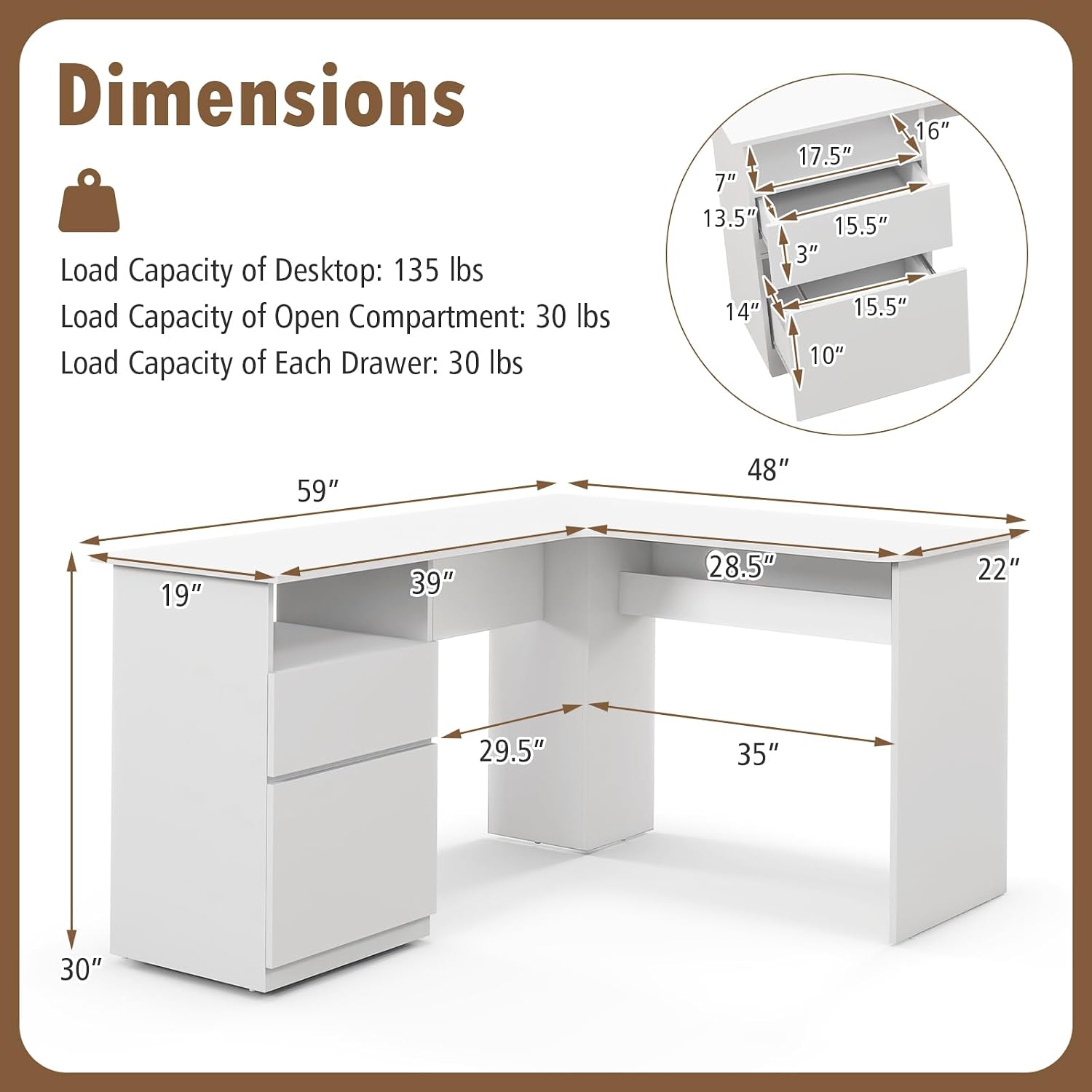 Giantex L Shaped Computer Desk with Drawers, 59' Corner Desk Workstation with Storage Shelf & Cable Holes, Large Executive Office Desk, Modern Study Writing Table for Home Office (White)