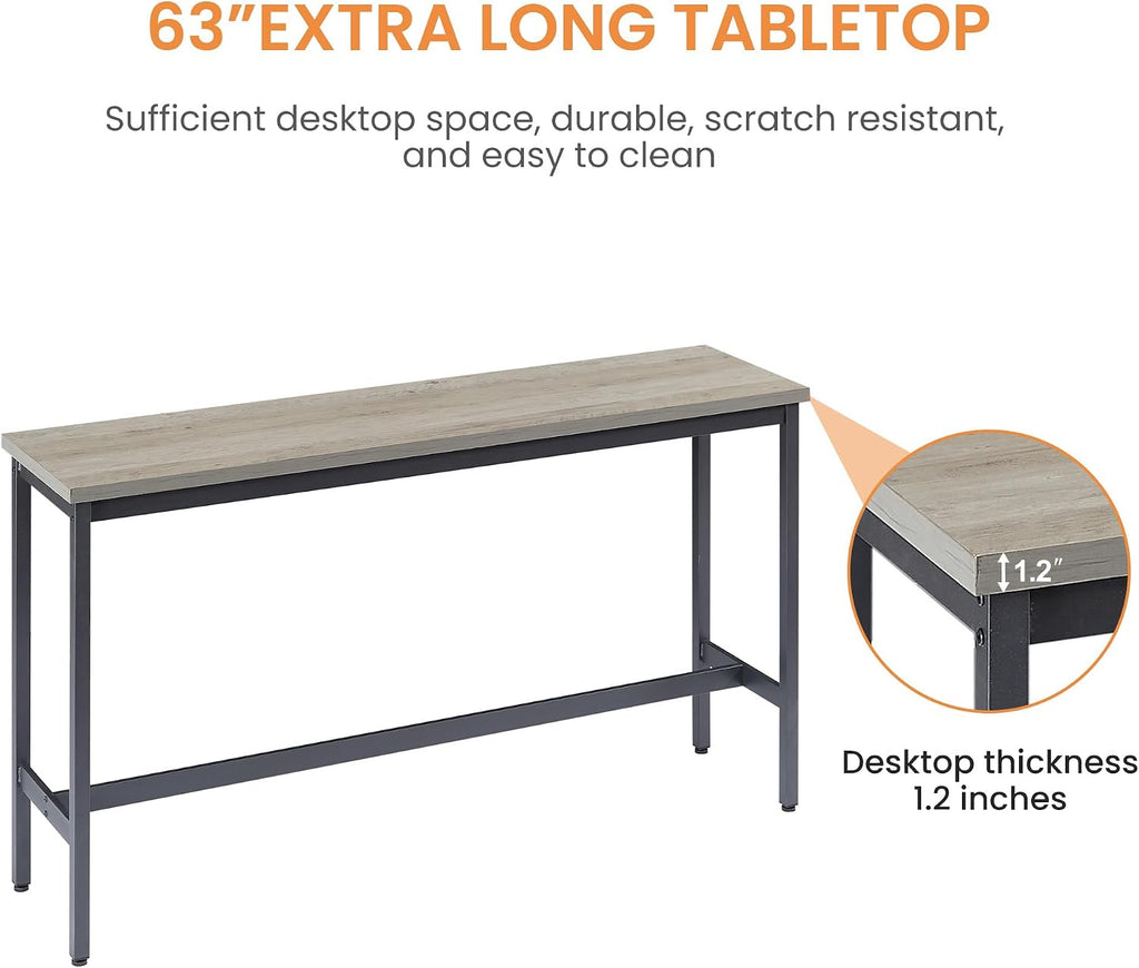 Elevon Long Bar Table Set with 3 PU Upholstered Bar Stools, Dining Table and Chair Sets, Industrial Tall Coffee Table and Back Chair for Kitchen, Living Room, Party Room, Small Space, Pub, Gray