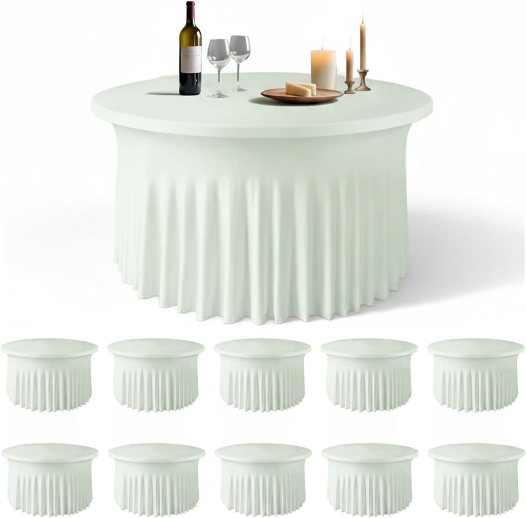 WJWHQ 10 Pack Ivory Green Round Spandex Tablecloths for 60in Tables, 120Inch Stretchy Fitted 5FT Round Table Clothes,Wrinkle Free Table Cover with Skirt for Wedding Party Dining Banquet