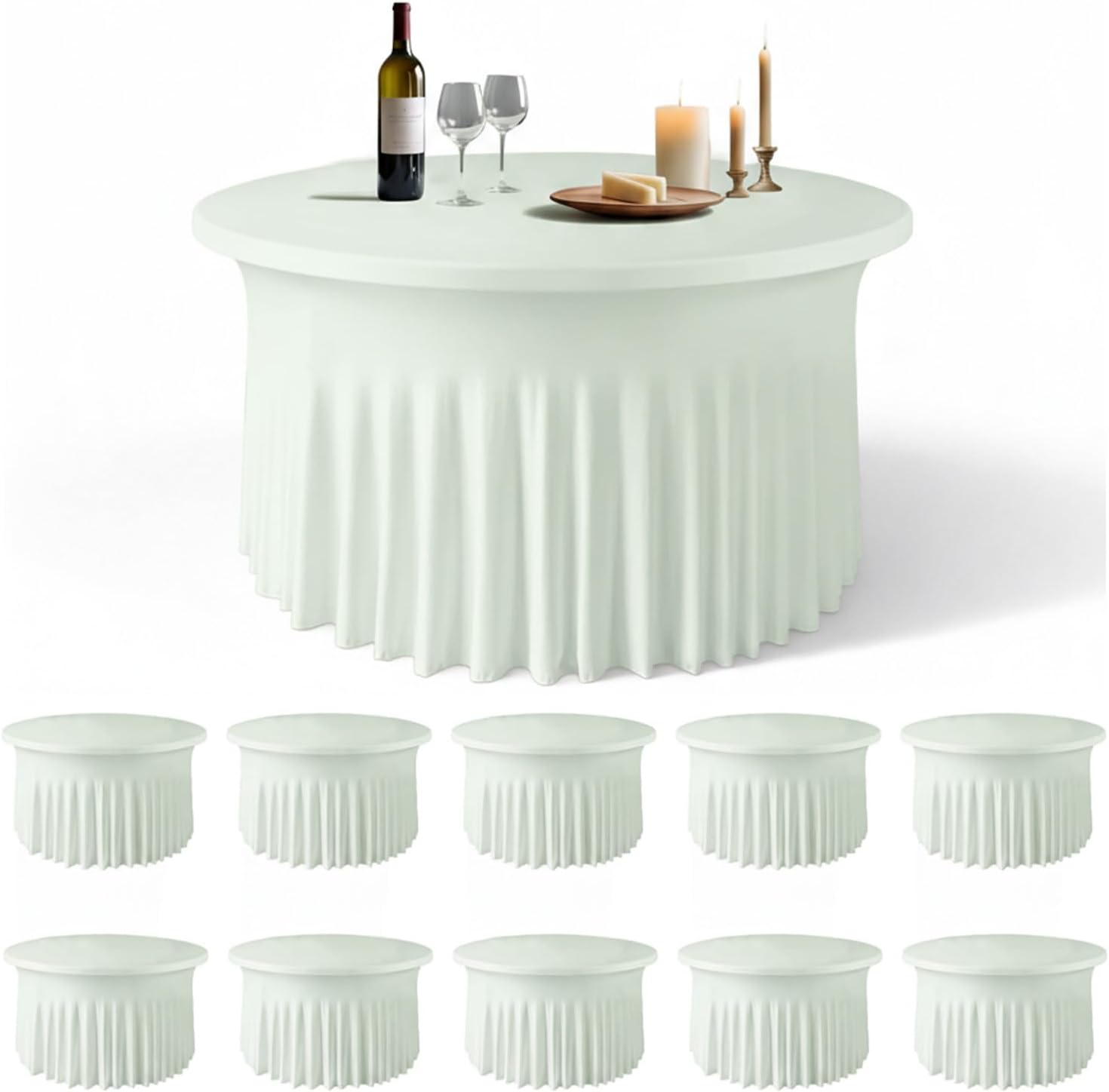 WJWHQ 10 Pack Ivory Green Round Spandex Tablecloths for 60in Tables, 120Inch Stretchy Fitted 5FT Round Table Clothes,Wrinkle Free Table Cover with Skirt for Wedding Party Dining Banquet