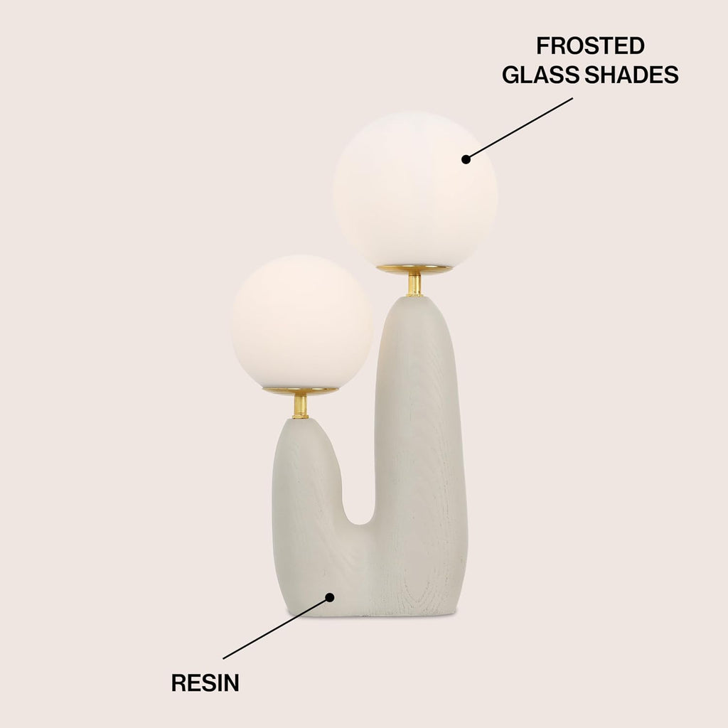 JONATHAN Y 17.75' Almond/Brass Gold Modern Bohemian Danish Cactus LED Table Lamp, 2-Light Mid-Century Minimalist Desk Light for Bedroom Living Room, Frosted Glass Globe Shades (JYL4065C)