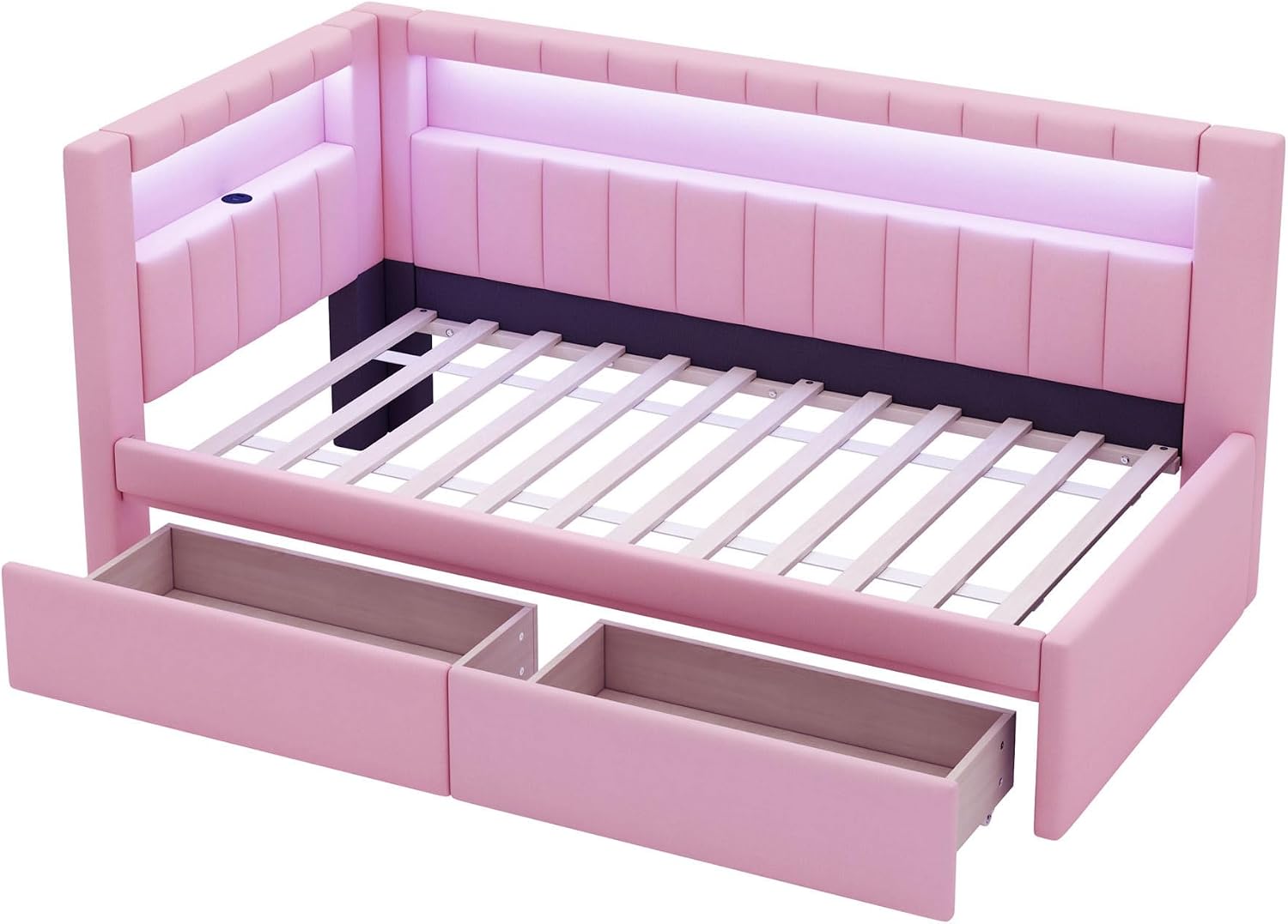 Twin Size Upholstered Daybed with Storage Drawers and LED, USB-Ports, L-Shaped Corner Unit Sofa Day Bed Frame with Storage Bookshelf, Girls, Kids, Adults, Boys, Pink