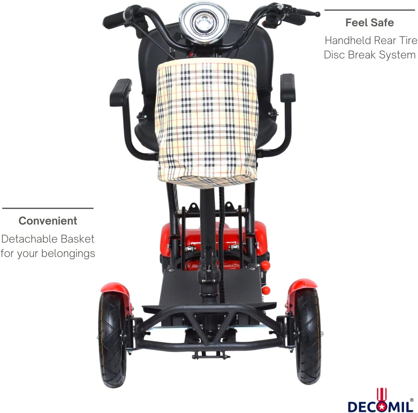 DECOMIL - Mobility Scooter, Portable Electric Scooter | Medical Travel Scooter, 4 Wheels | Lightweight and Portable (7.5 aH Battery, Red)