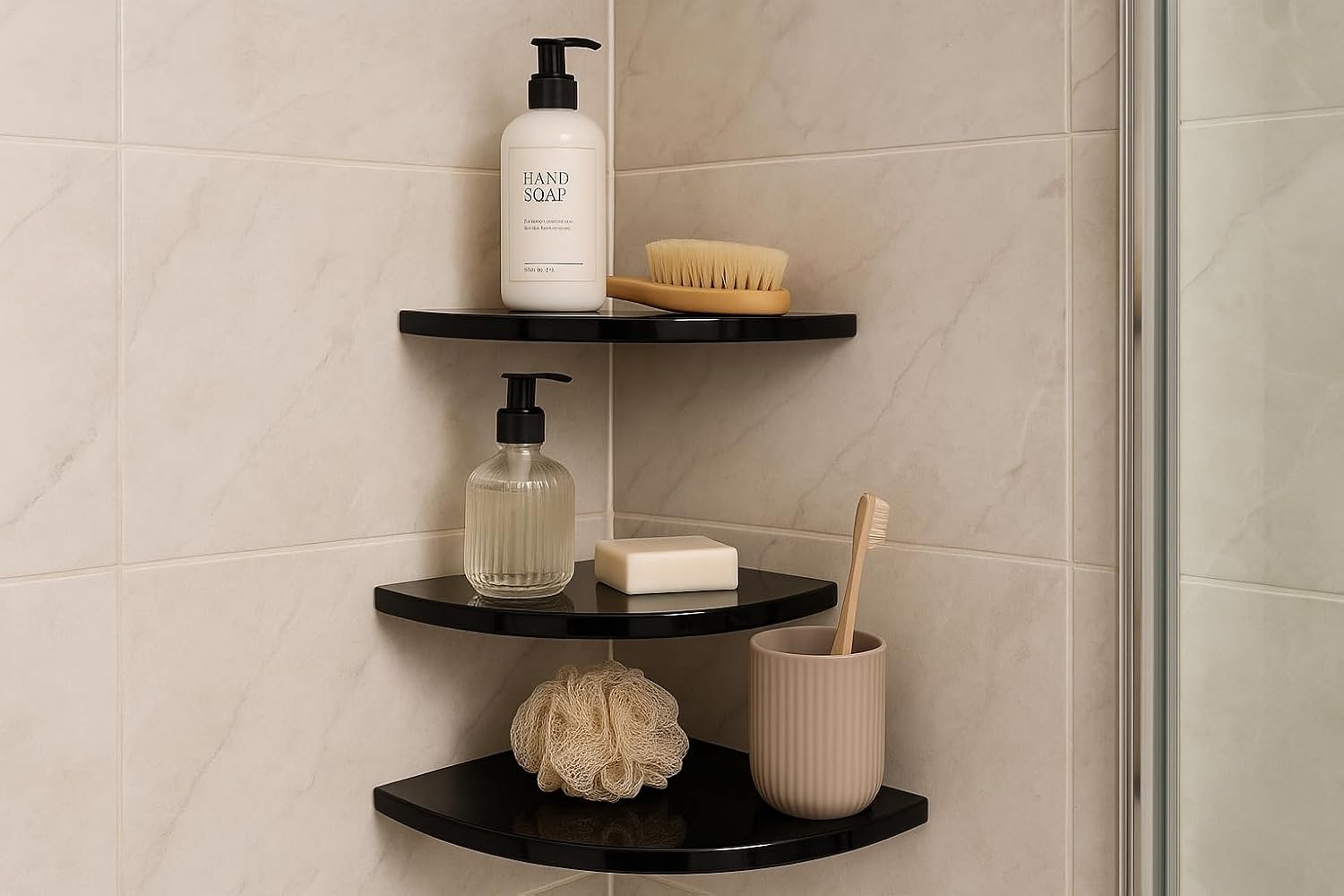 Tenedos Absolute Black Granite 9' Corner Shower Shelf – Polished Both Sides, Stain Resistant, Maintenance-Free, Premium Quality Bathroom Accessory (2)