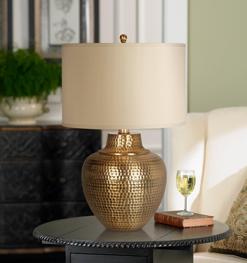 Franklin Iron Works Maison Loft Rustic Farmhouse Table Lamp 27' Tall Hammered Antique Brass Cream Linen Drum Shade for Living Room Bedroom Bedside Nightstand Office Family Traditional
