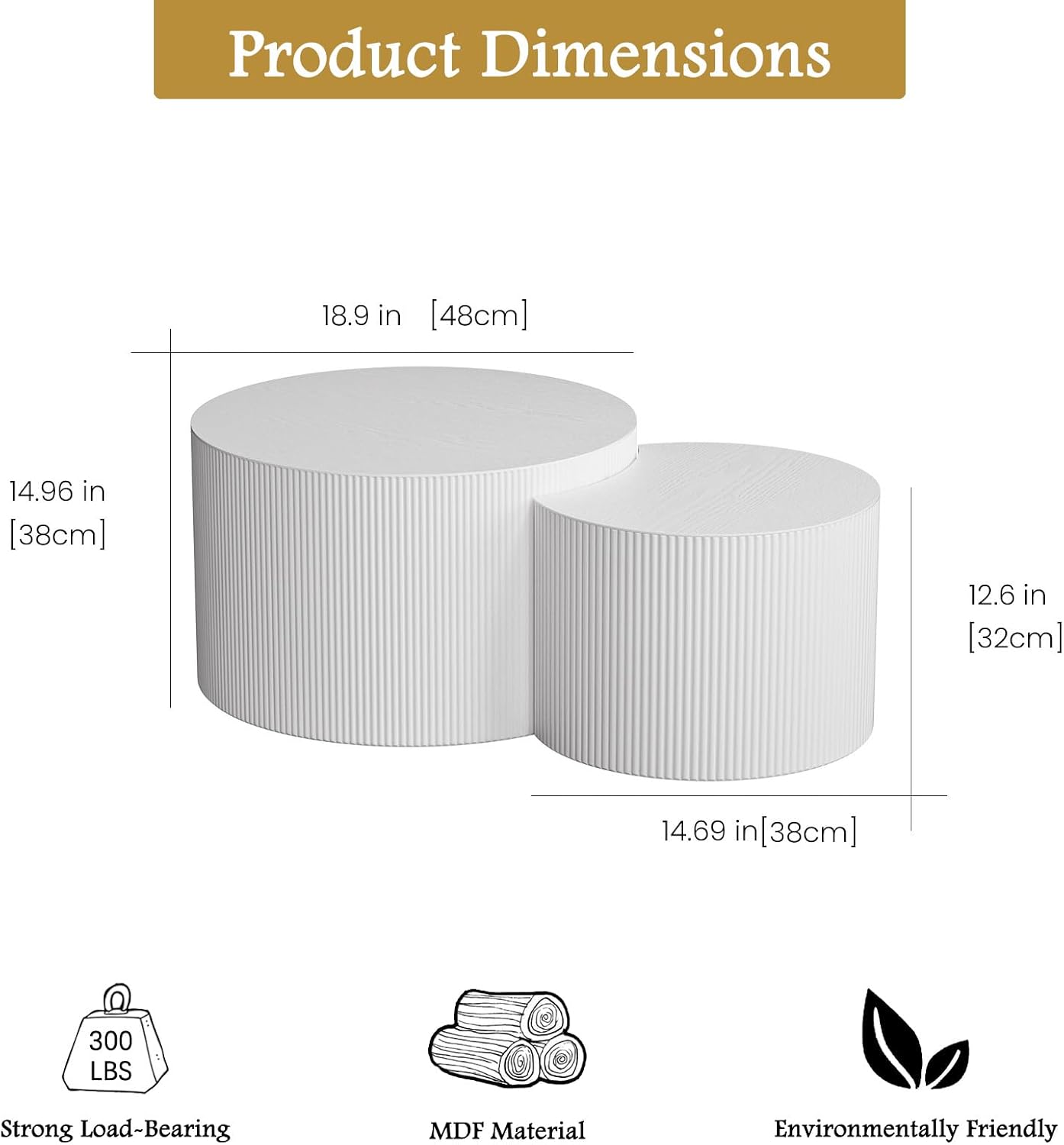 Round Coffee Table Set of 2 Modern Nesting Coffee Tables Wooden Drum Coffee Tables with Non-Slip Feet, Circle Nesting Tables End Table for Living Room Office, No Assembly (Cream 18.9'+14.96')