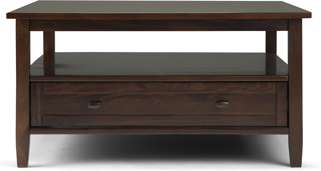SIMPLIHOME Warm Shaker Square Coffee Table - 36 inch Wide Solid Wood Cocktail Table in Tobacco Brown, Transitional Living Room Table with Large Storage Drawer and Open Shelf for Sitting Area