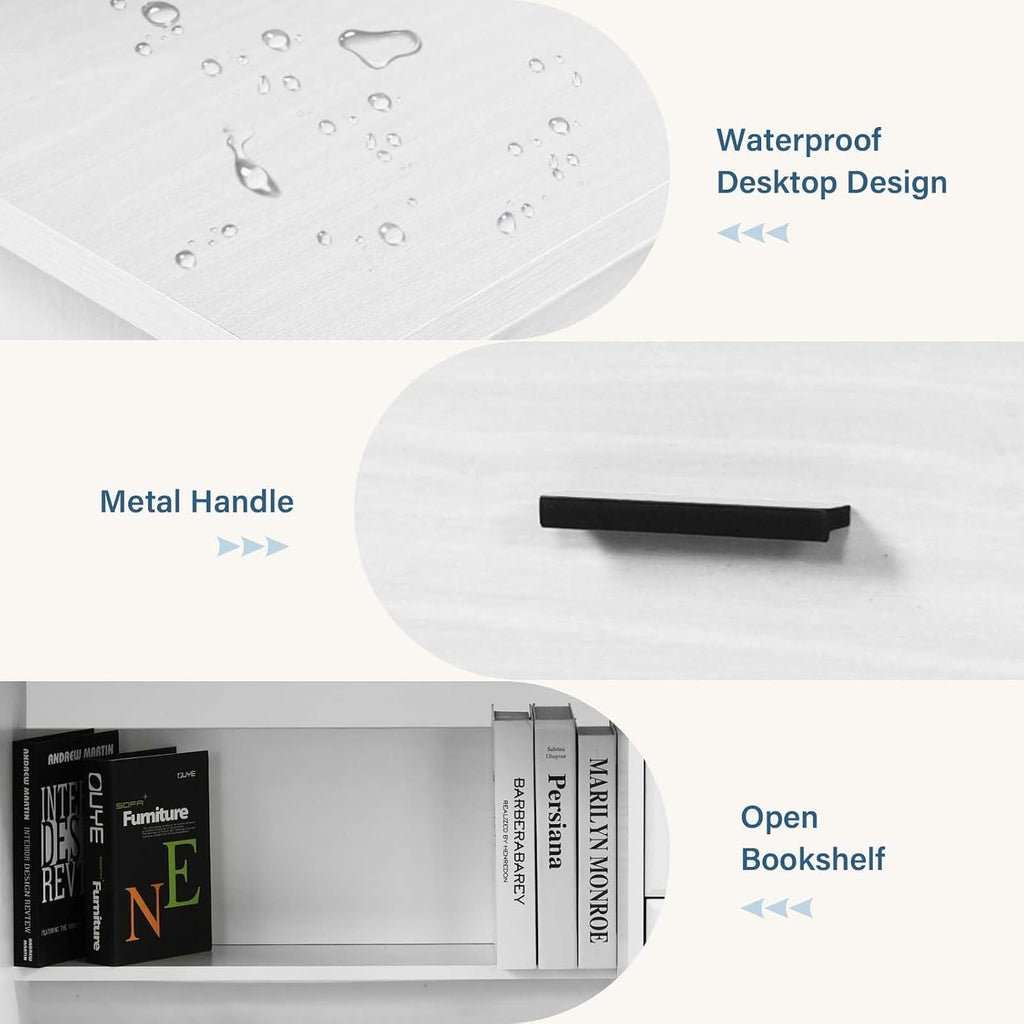 MaverickFurni White Desk with Drawers, Small Computer Desk with Drawers for Writing Study, Office Desk with File Drawer and Monitor Stand for Bedroom, Small Spaces