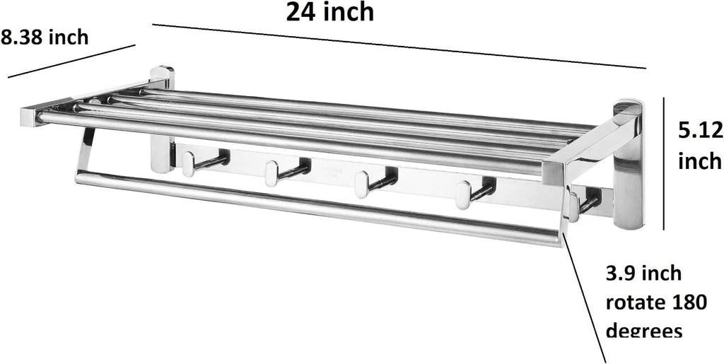 Roshan Handcrafted and Hand Polished Multi Purpose Towel Rack, Rust Proof and Peel Resistant Towel Shelf, Includes 2 Handmade Hooks (6-Piece Silver)
