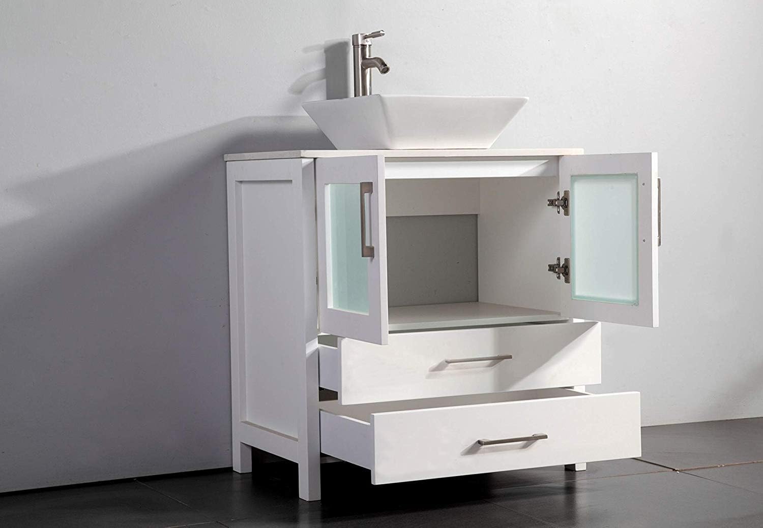 Vanity Art 30 Inch Vessel Single Sink Bathroom Vanity Cabinet with 1 Mirror, Engineered Marble Top Bathroom Cabinet Compact Set with 2 Dovetail Drawers and Soft Closing Doors, VA3130-W