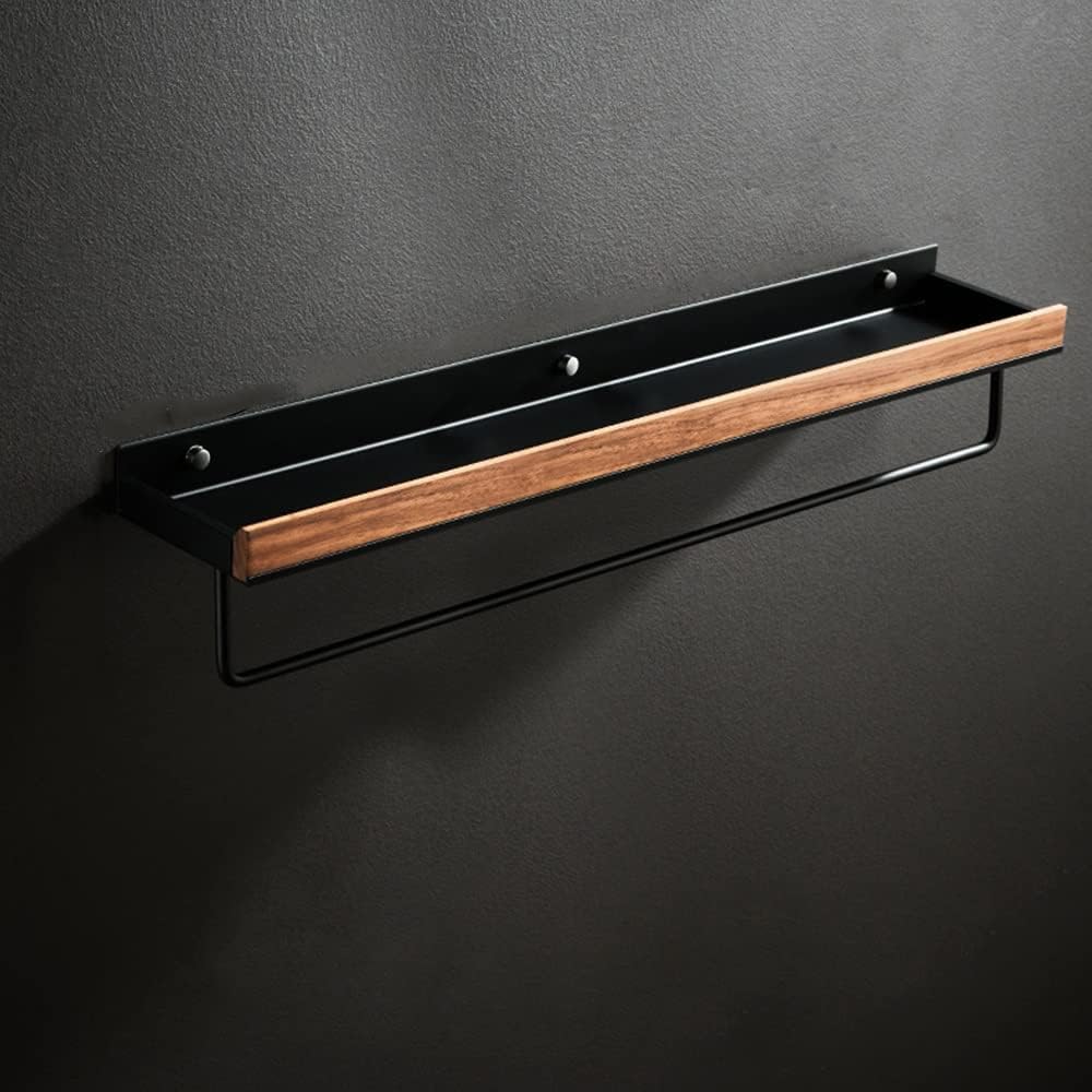 Shower Caddy Solid Wood Shower Caddy Shelf Organizer Towel Bar, Bathroom Wall Mounted Cosmetic Storage Rack Bathroom Organizer，Black 50cm with Rod