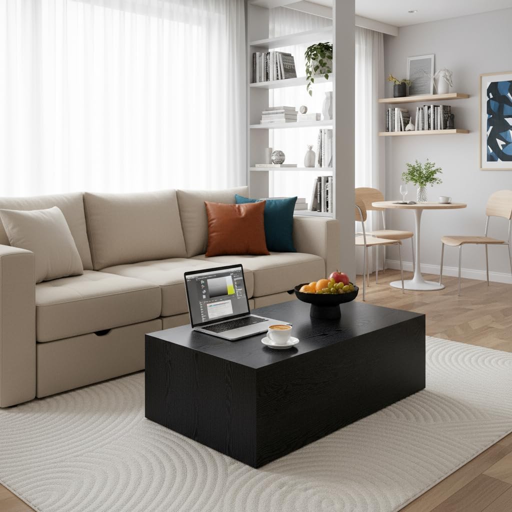 Rectangular Cube Coffee Tables, 300 lbs Minimalist Wood Cube Coffee Table, Low Profile Wood Block Coffee Tables with Anti-Slip Floor mats, with livingroom/Apartment Modern Coffee Table, Black