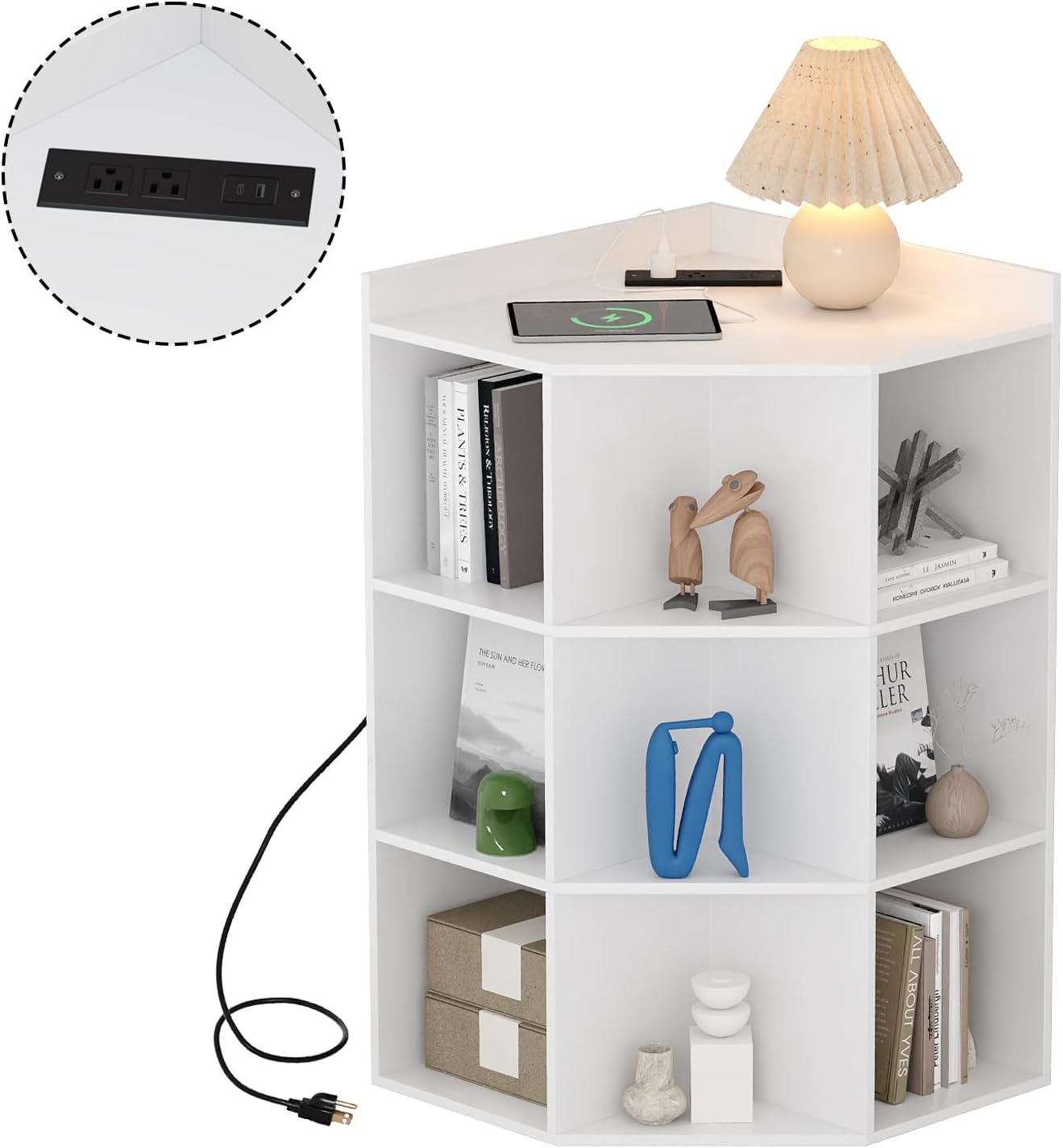 ALISENED 9 Cubes White Corner Cabinet, Corners Cube Shelf with USB Ports and Outlets, Toy Corners Storage for Small Space, Wooden Cubby Corner Bookshelf for Living Room, Bedroom, Dining Room, Kitchen