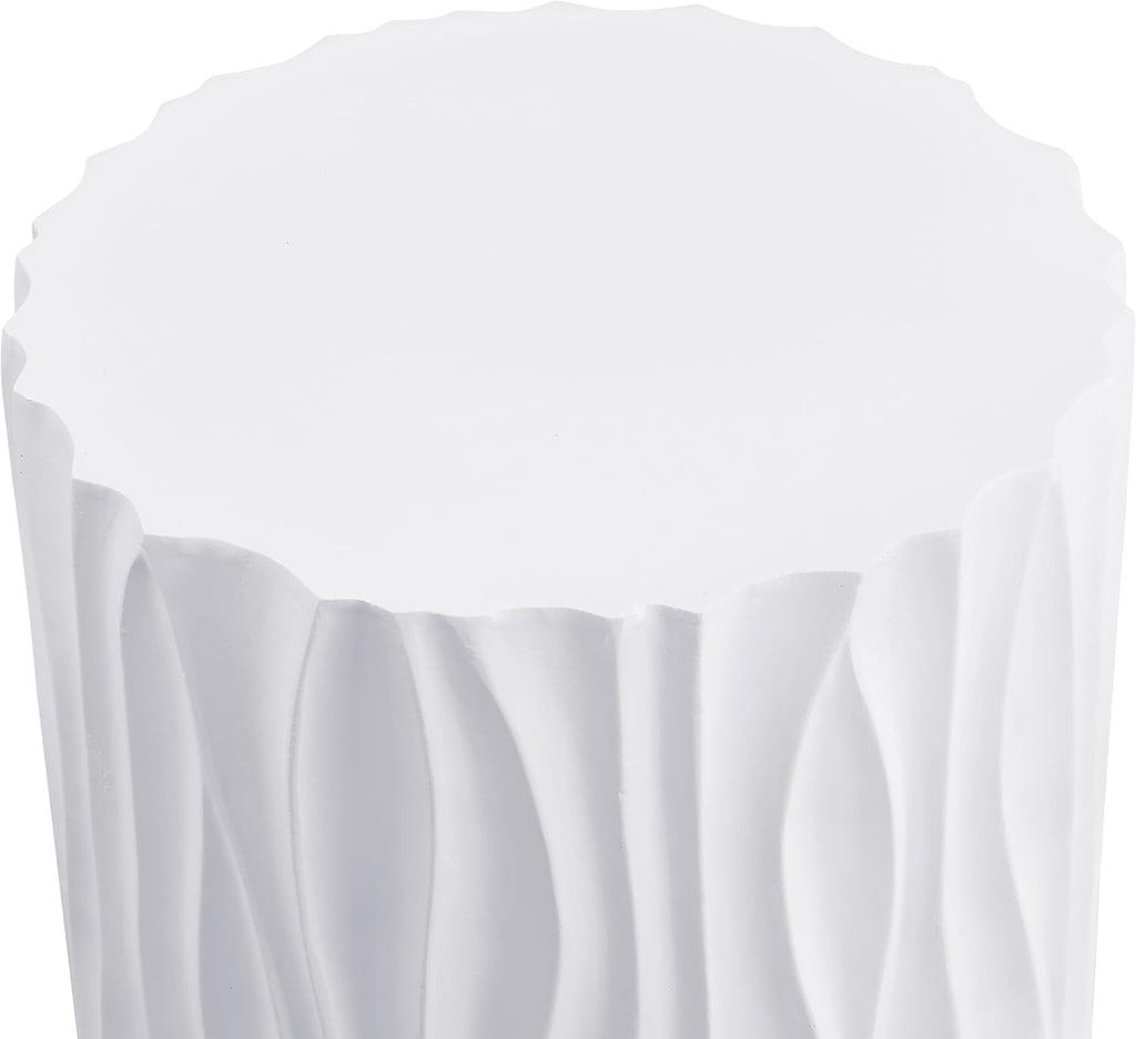 WILLIAMSPACE 15.75' Round Side Table with Wavy Fluted for Indoor & Outdoor, Modern Travertine Faux Marble Stone Small Coffee Table End Table, Magnesium Oxide, No Assembly, White