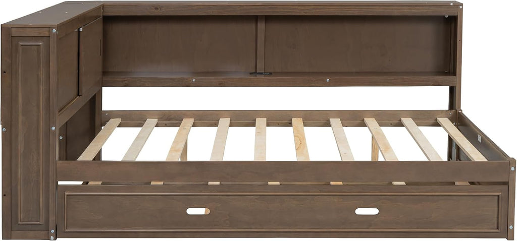MERITLINE Full Size Wood Corner Bed Frame with Storage Shelves and Trundle, Wooden L-Shaped Daybed Full with Storage Headboard, LED Lights & USB for Kids Teens Adults, Antique Wood Color